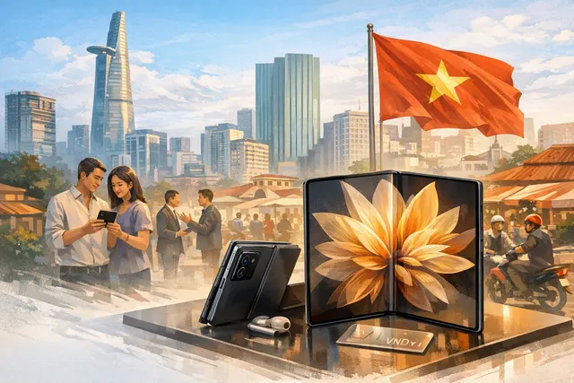 Illustration of Huawei Mate X7 foldable smartphone opening to reveal its large inner display