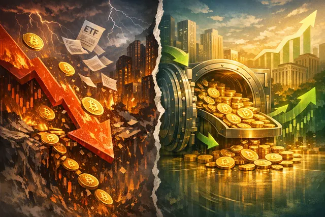 A conceptual illustration of a diverging crypto market, showing Bitcoin exchange reserves rising on one side and ETF outflows on the other.