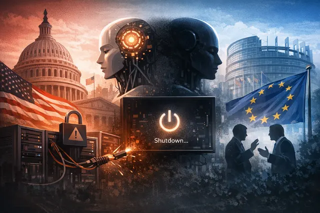 European Union and United States flags divided by a digital AI circuit board interface, symbolizing transatlantic technology tensions.