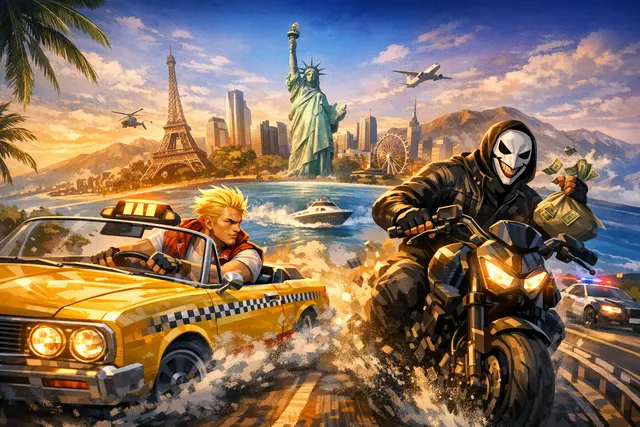 Crazy Taxi World Tour key art featuring Axel with his taxi in a neon-lit cityscape