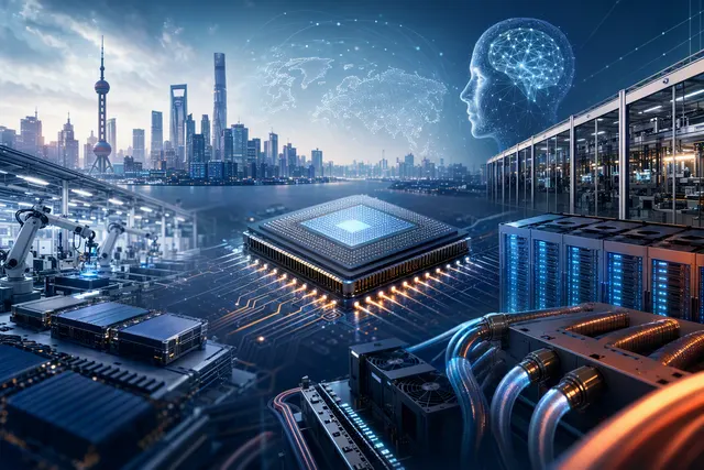Illustration of AI data-center infrastructure and advanced semiconductor packaging