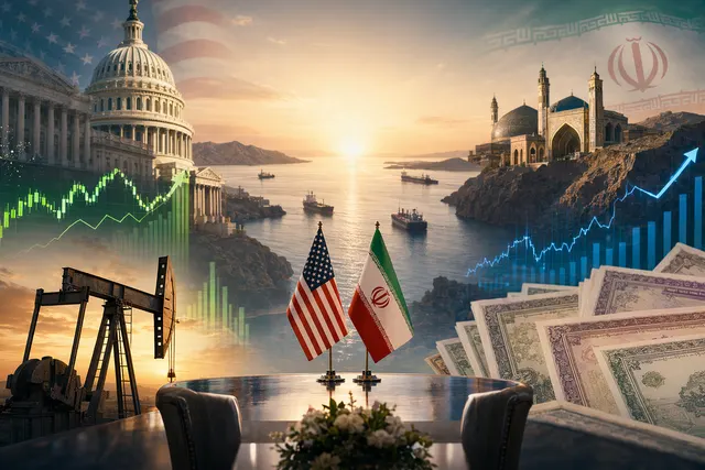 Illustration of global markets reacting to US‑Iran peace talks and oil tankers moving through the Strait of Hormuz