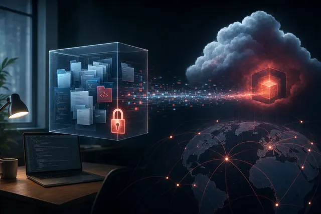 Editorial illustration of a developer workspace and encrypted cloud upload activity