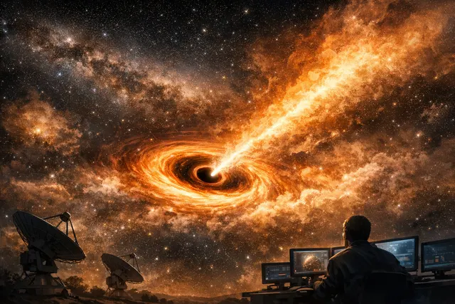 Composite image showing a cone-shaped cavity in cold gas around Sagittarius A*, with orange ALMA data and blue Chandra X-ray data, revealing the black hole's hot wind.