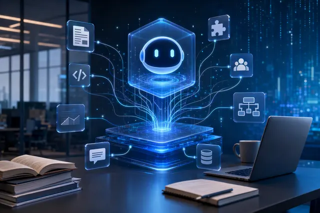 Illustration representing Tencent WorkBuddy’s connected AI-agent ecosystem across devices, apps, and developers