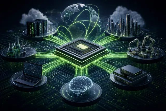 Editorial illustration of Nvidia’s expanding role across the AI investment ecosystem