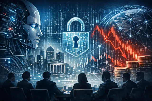Abstract illustration of artificial intelligence and interconnected global financial systems under cyber risk