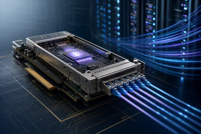 Illustration of a high-speed optical interconnect chip for AI data-center networking