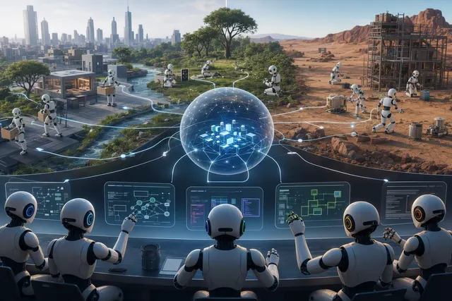 Editorial illustration representing autonomous AI agents operating in a connected simulated environment