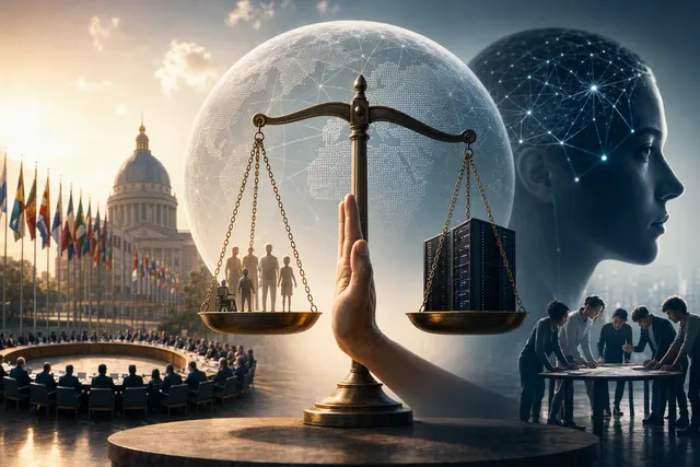 Editorial illustration of global governance and safety oversight for advanced artificial intelligence