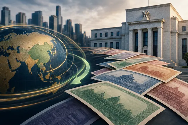 Editorial illustration of emerging-market local-currency bonds and global interest-rate markets