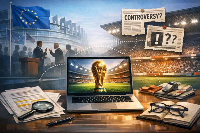A dramatic scene depicting a soccer red card, a presidential seal, and the FIFA logo, representing the political controversy around Folarin Balogun's ban reversal.
