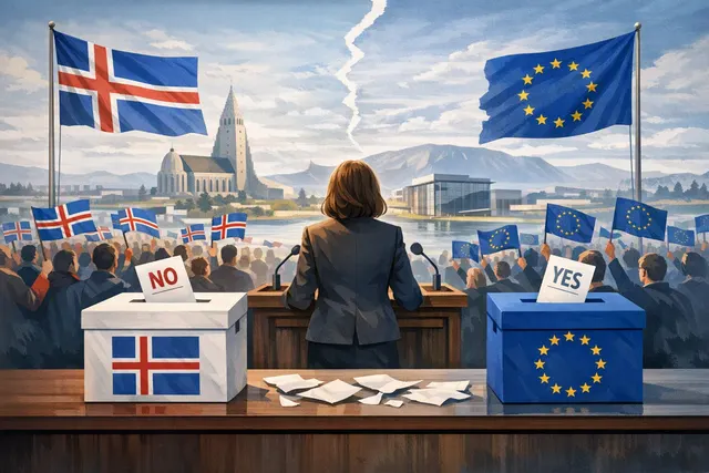 Illustration of Iceland’s referendum on reopening European Union accession talks, featuring Iceland, the EU and North Atlantic political themes