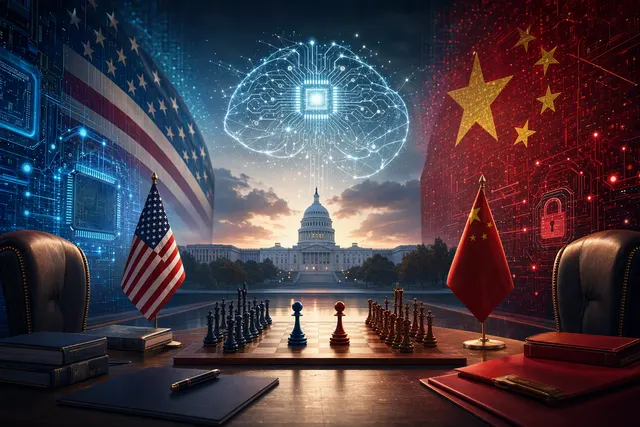 Editorial illustration representing U.S.-China artificial intelligence rivalry ahead of Trump-Xi talks