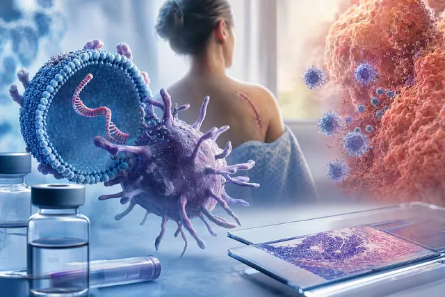 Editorial illustration accompanying coverage of a personalized mRNA melanoma vaccine trial