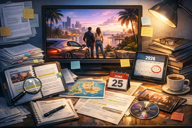 Grand Theft Auto VI cover art and Vice City skyline