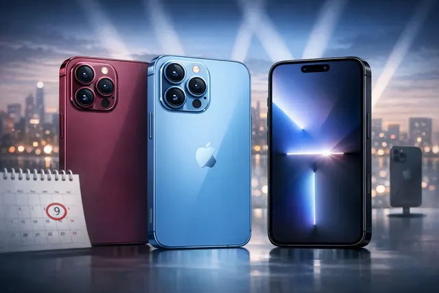 Editorial illustration of a rumored iPhone 18 Pro lineup in Dark Cherry, Sky Blue and Black
