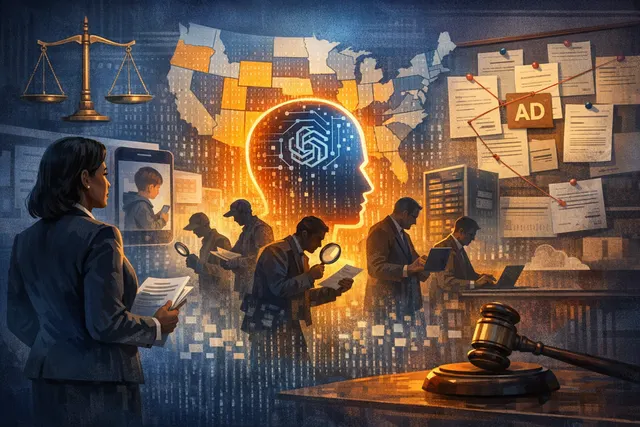 Illustration of a legal gavel and a digital network representing state investigations into OpenAI