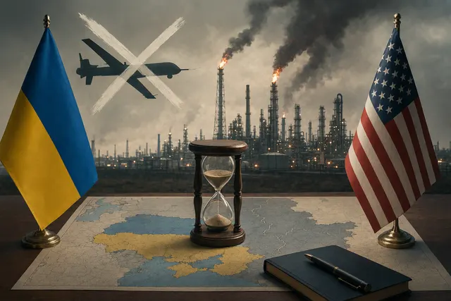 AI-generated editorial illustration representing Ukraine’s reported pause in strikes on Russian oil refineries amid U.S. pressure.