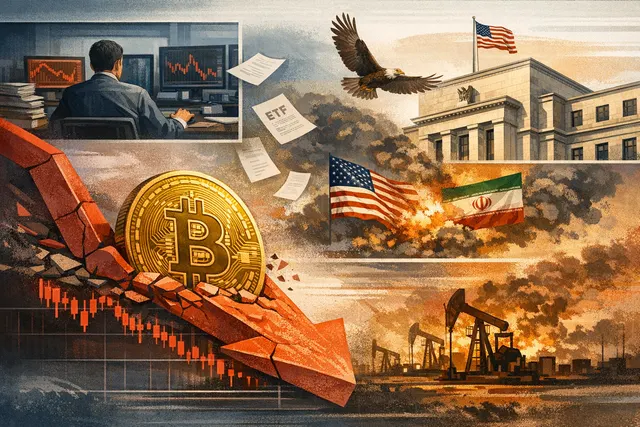Bitcoin price chart showing a steep decline from its all-time high near $126,000 to below $60,000 in June 2026, with markers for key events including Strategy's sale, ETF outflows,