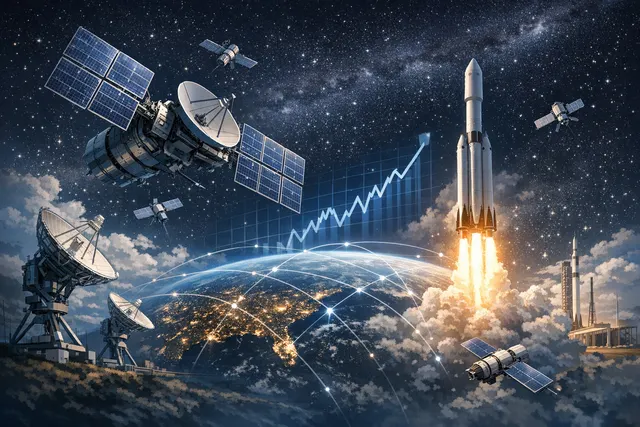 Artistic depiction of the global satellite network expanding above Earth, symbolizing the industry growth driven by SpaceX's IPO.