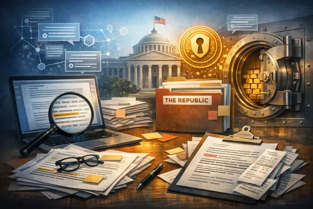 Digital illustration representing a blockchain-based sovereign bond on multiple blockchain networks with a central secure vault.