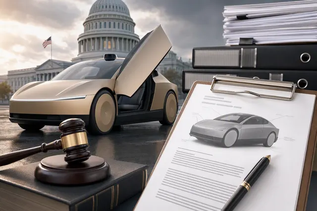 Editorial illustration of Tesla Cybercab federal safety certification scrutiny