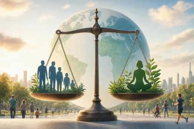 AI-generated editorial illustration accompanying an article on life expectancy and healthy life expectancy