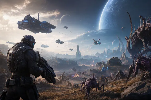 Editorial illustration of Blizzard’s newly announced StarCraft open-world shooter