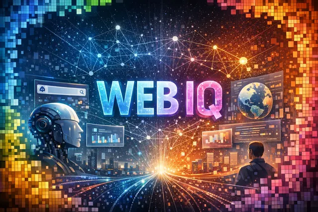 Digital illustration of Microsoft Web IQ as a neural search engine connecting AI agents to live web data through glowing network nodes and data streams