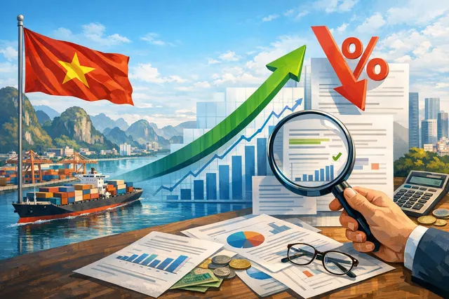 Abstract representation of Vietnam's economic growth chart with rising GDP and falling inflation trends