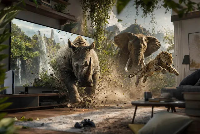 AI-generated illustration accompanying coverage of Jumanji: Open World and its game-world invasion premise