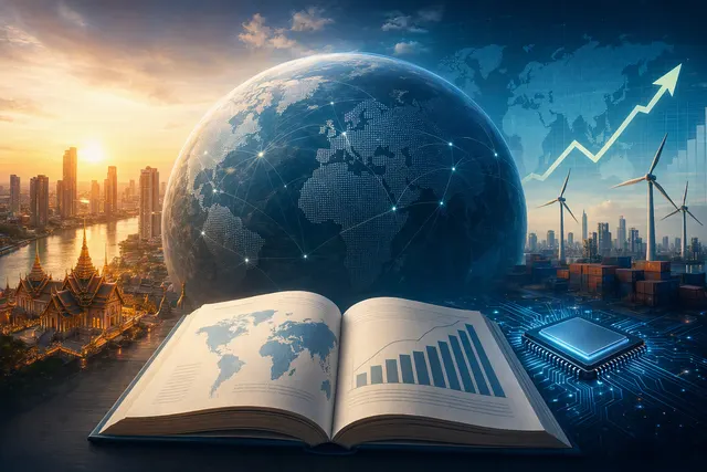 Editorial illustration representing the global growth outlook, with AI investment set against energy and economic risks