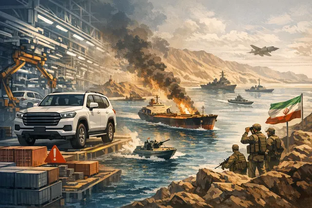Toyota production line and cargo ships at a foggy port, representing the Strait of Hormuz shipping disruption's impact on global automotive manufacturing