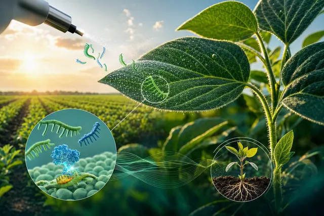 AI-generated editorial illustration accompanying an article about leaf-applied microRNA crop treatments