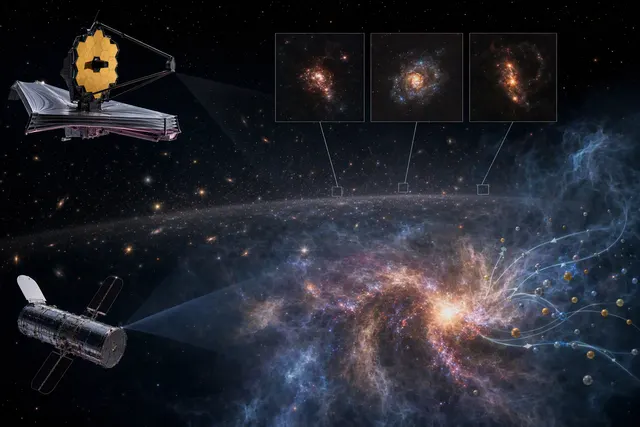 AI-generated illustration accompanying a comparison of early-galaxy metal outflows and winds from massive stars