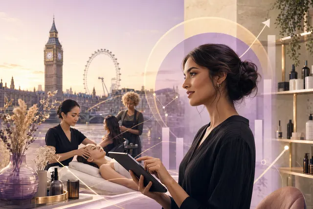 Illustration of a global beauty and wellness booking platform connecting salons, payments, and customers