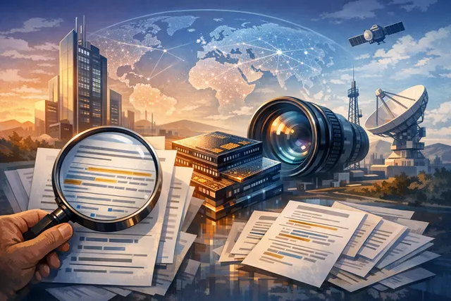 A conceptual illustration of a glass substrate with vertical through-glass via (TGV) connections for advanced semiconductor chip packaging, representing the Intel-Lens Technology c