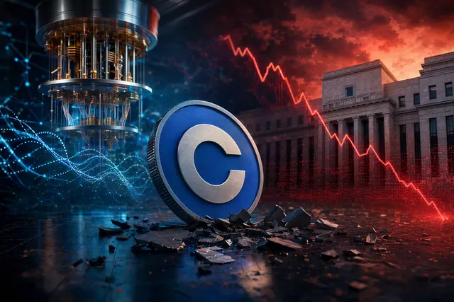 Illustration of Coinbase stock-market pressure alongside a Bitcoin quantum-security theme