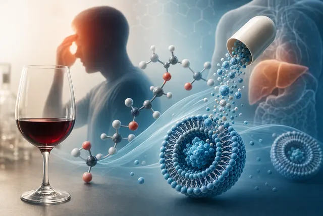 Illustration of enzyme and liposome technology breaking down alcohol molecules in the stomach