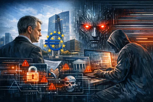Digital illustration of a glowing euro symbol shield being challenged by a stream of binary code, representing AI-powered cyber threats to European banking infrastructure.