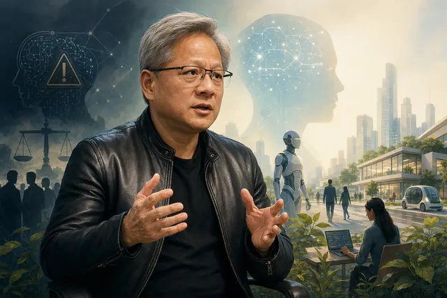 What did Nvidia CEO Jensen Huang say in his CBS News interview and during recent appearances about fears that AI could pose an existential t