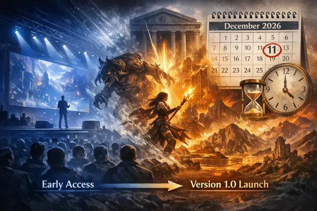 Dark fantasy action-RPG scene representing Path of Exile 2’s free-to-play 1.0 launch, with a sword-wielding Duelist facing monsters