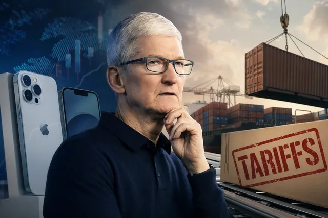 Illustration zu Apples Zollrisiko mit Apple-Store, Finanzdiagrammen und globaler Lieferkette