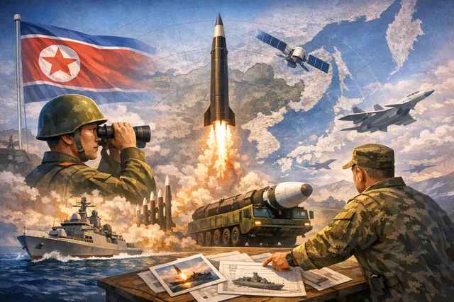 An AI-generated image representing North Korea's military advancements, including a guided-missile destroyer and drones, set against a backdrop of geopolitical summitry.