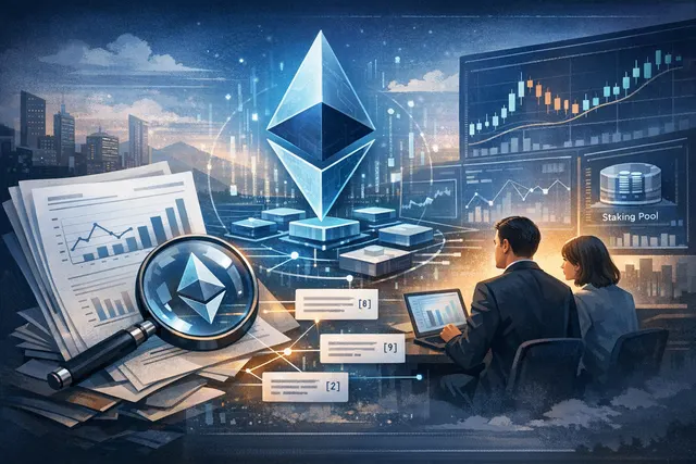 Illustration of Ethereum blockspace with rising transaction volume and falling fee revenue, representing the divergence identified in Bitwise's Q2 2026 staking report.