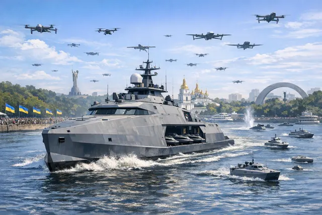 Illustration of Ukraine’s MAGURA MV11 unmanned surface vessel acting as a maritime drone mothership