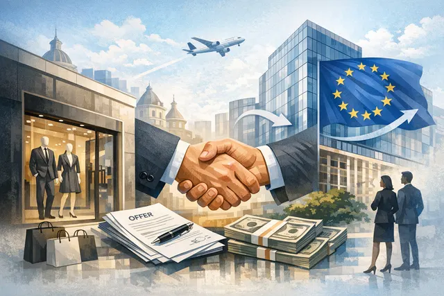 Editorial illustration representing Frasers Group's takeover bid for Hugo Boss, with European Commission and corporate imagery