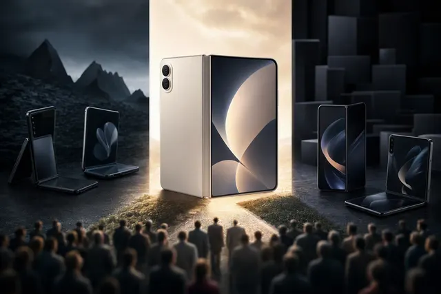 Editorial illustration of premium foldable smartphones representing competition between Apple, Samsung, and Chinese phone makers