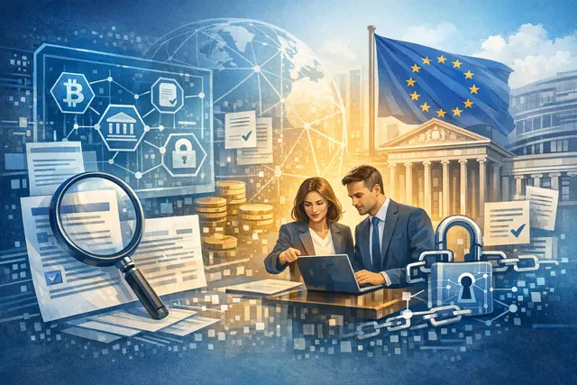 Illustration showing European Union regulatory documents, a crypto compliance legal tablet, and a digital graph representing financial oversight for the MiCA regulation era.
